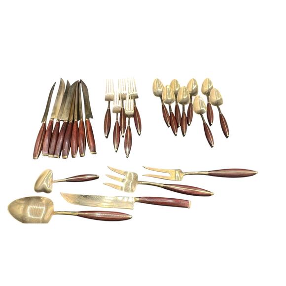 🍽️ MCM Brass and Wood Cutlery Flatware Set Mixed Lot Vintage Mid Century Style - Picture 2 of 2